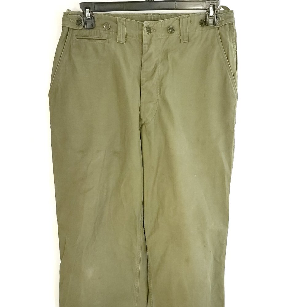 Vintage Military Field Trousers 34x30 Metal Buttons Cotton OD Distressed WWII?